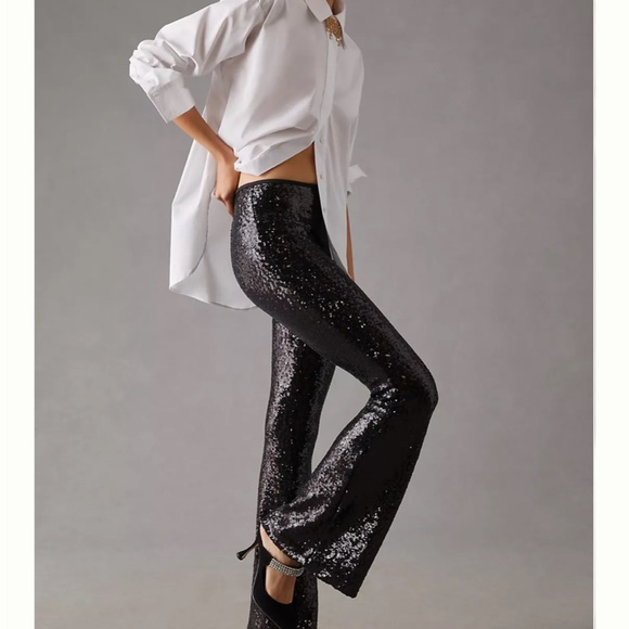 New Anthropologie Joni Allover Sequin 6P Black Metallic Flare Leg HighRise Pants - Picture 1 of 7